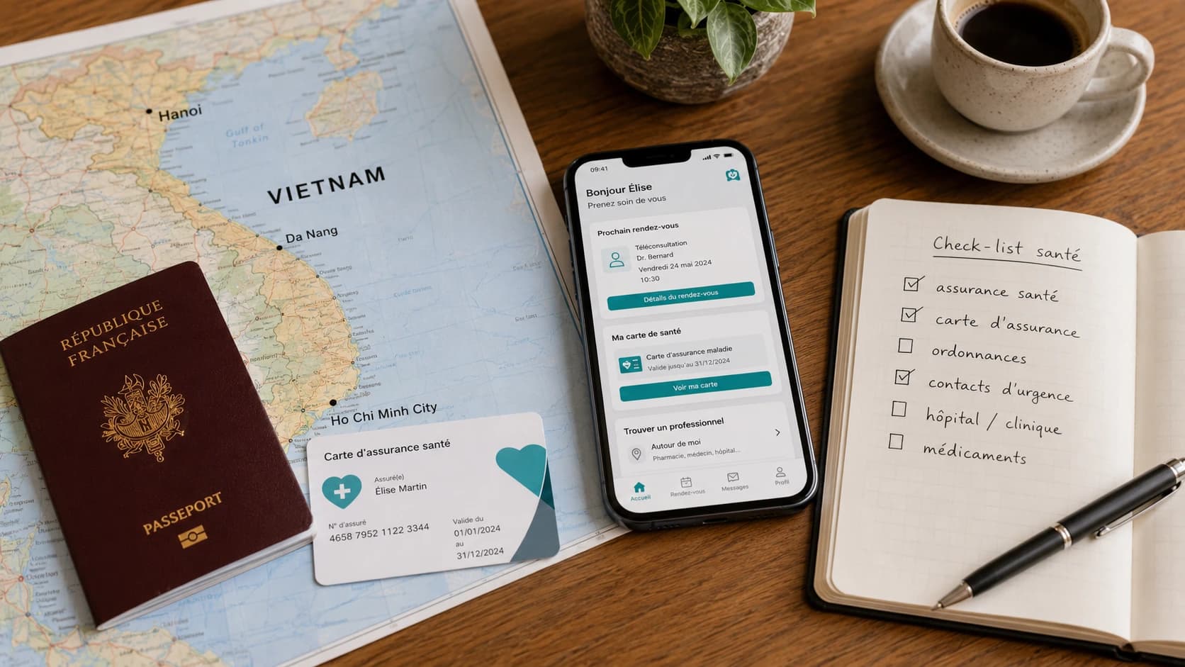 Préparation d’une assurance santé pour vivre au Vietnam avec passeport, documents médicaux et carte du pays.