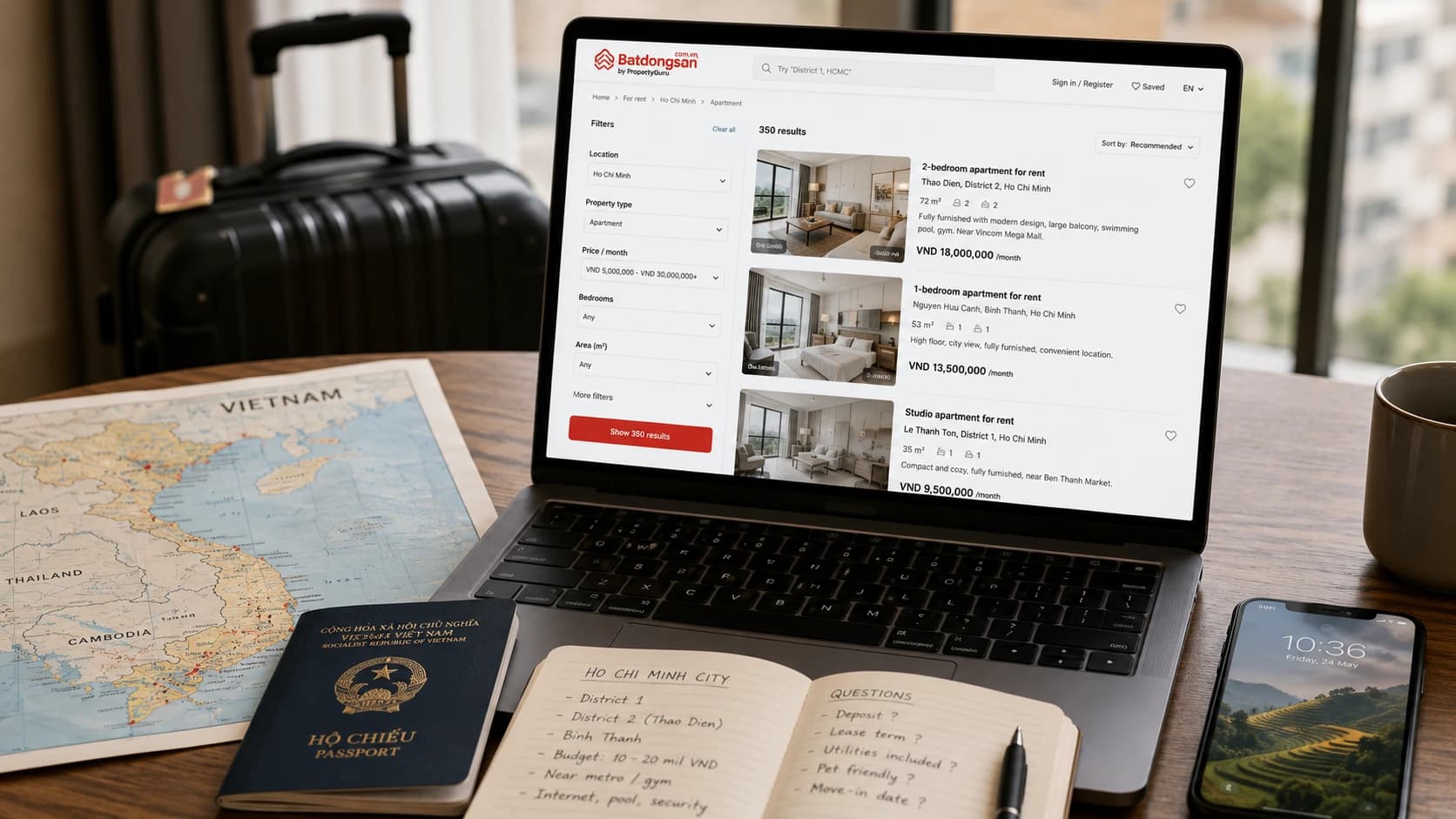 Recherche de logement au Vietnam depuis l’étranger avec ordinateur, passeport, carte du pays et checklist.