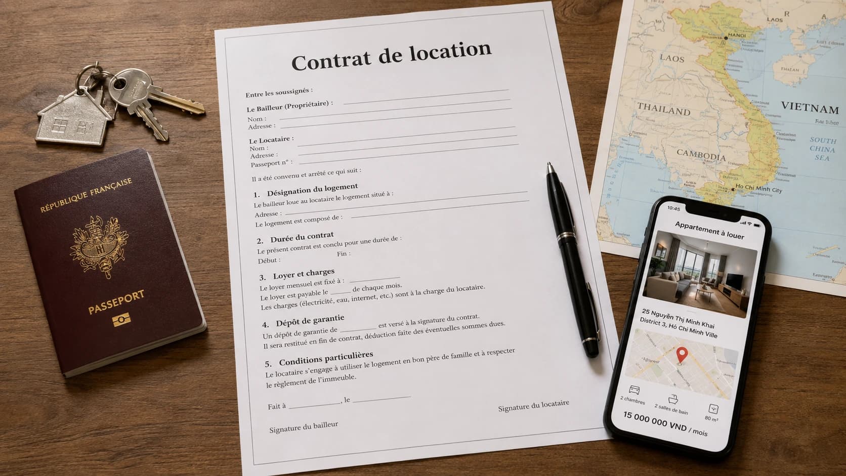Contrat de bail, clés et passeport pour louer un logement au Vietnam.