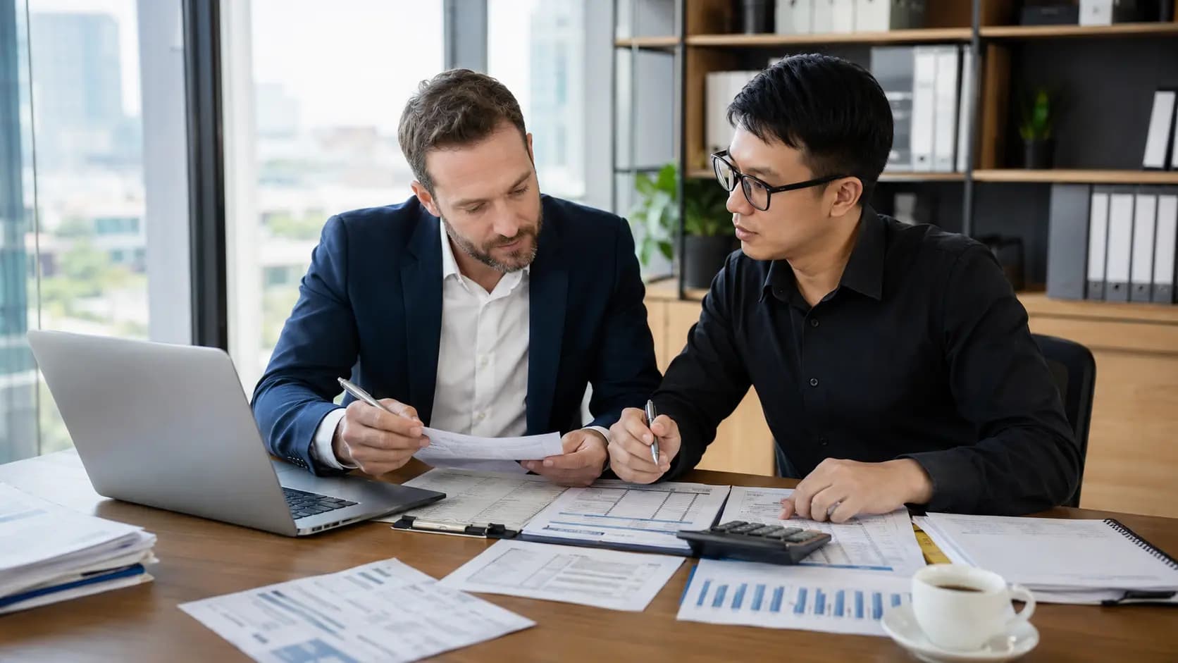 Entrepreneur étranger préparant la comptabilité et la fiscalité de sa société au Vietnam avec documents, ordinateur et calculatrice.