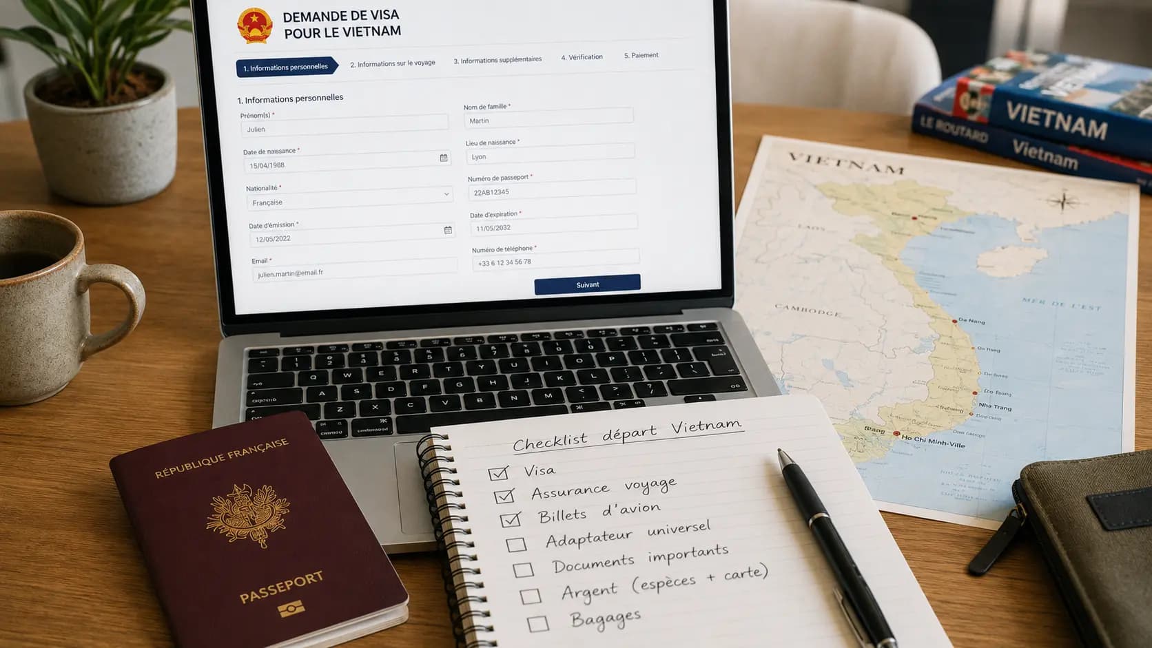 Préparation d’une demande d’e-visa Vietnam avec passeport, formulaire en ligne et carte du pays.