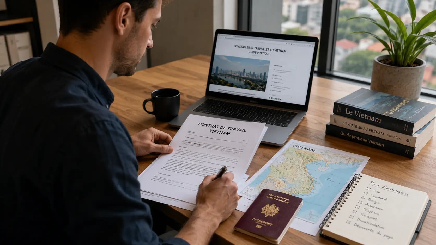 Préparation d’un projet salarié au Vietnam avec contrat de travail, passeport, ordinateur et checklist administrative.