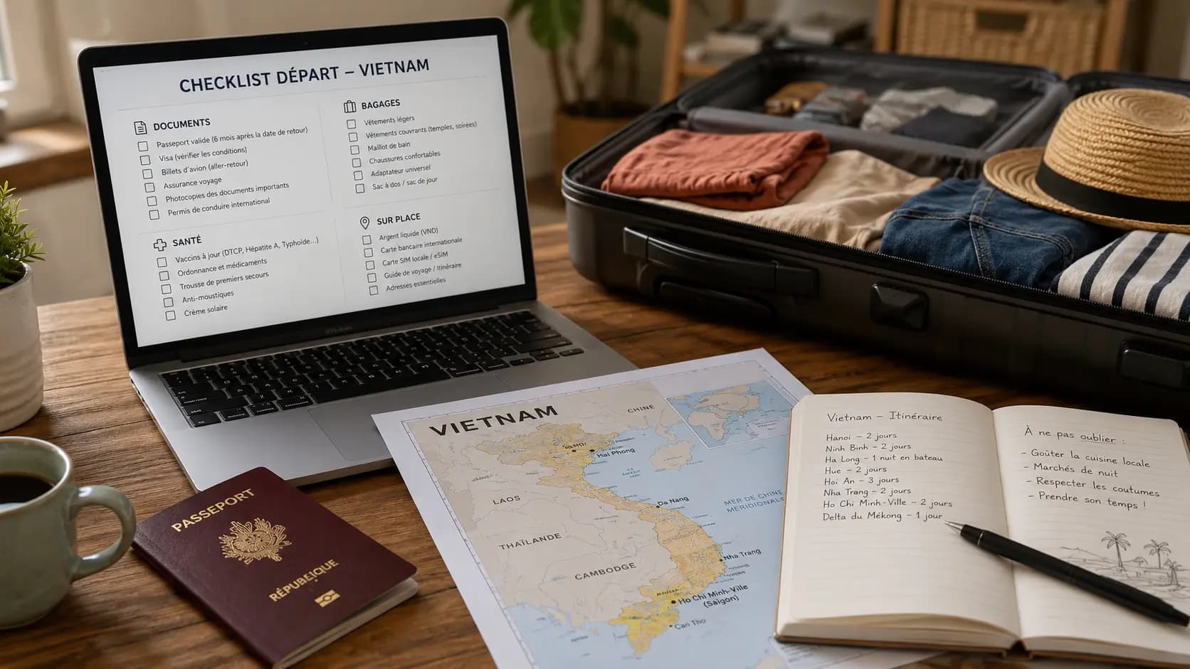 Préparation d’un départ au Vietnam avec passeport, checklist, carte du pays et documents administratifs.
