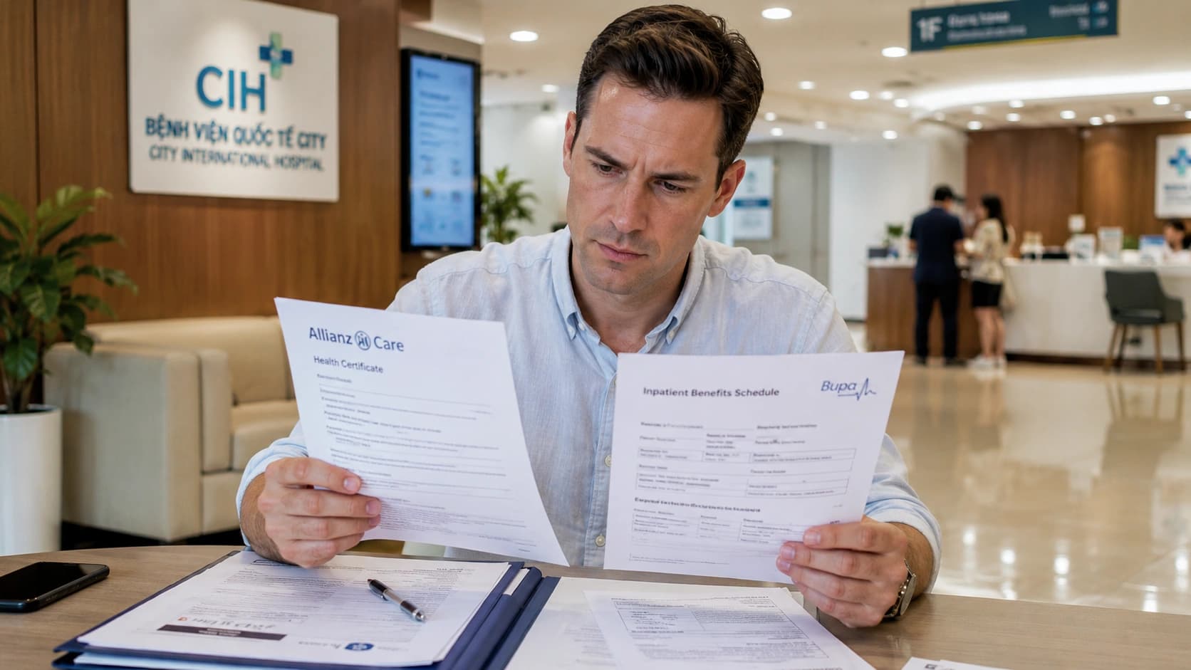 Expatrié préparant son assurance santé au Vietnam avec passeport, carte médicale, dossier et budget.