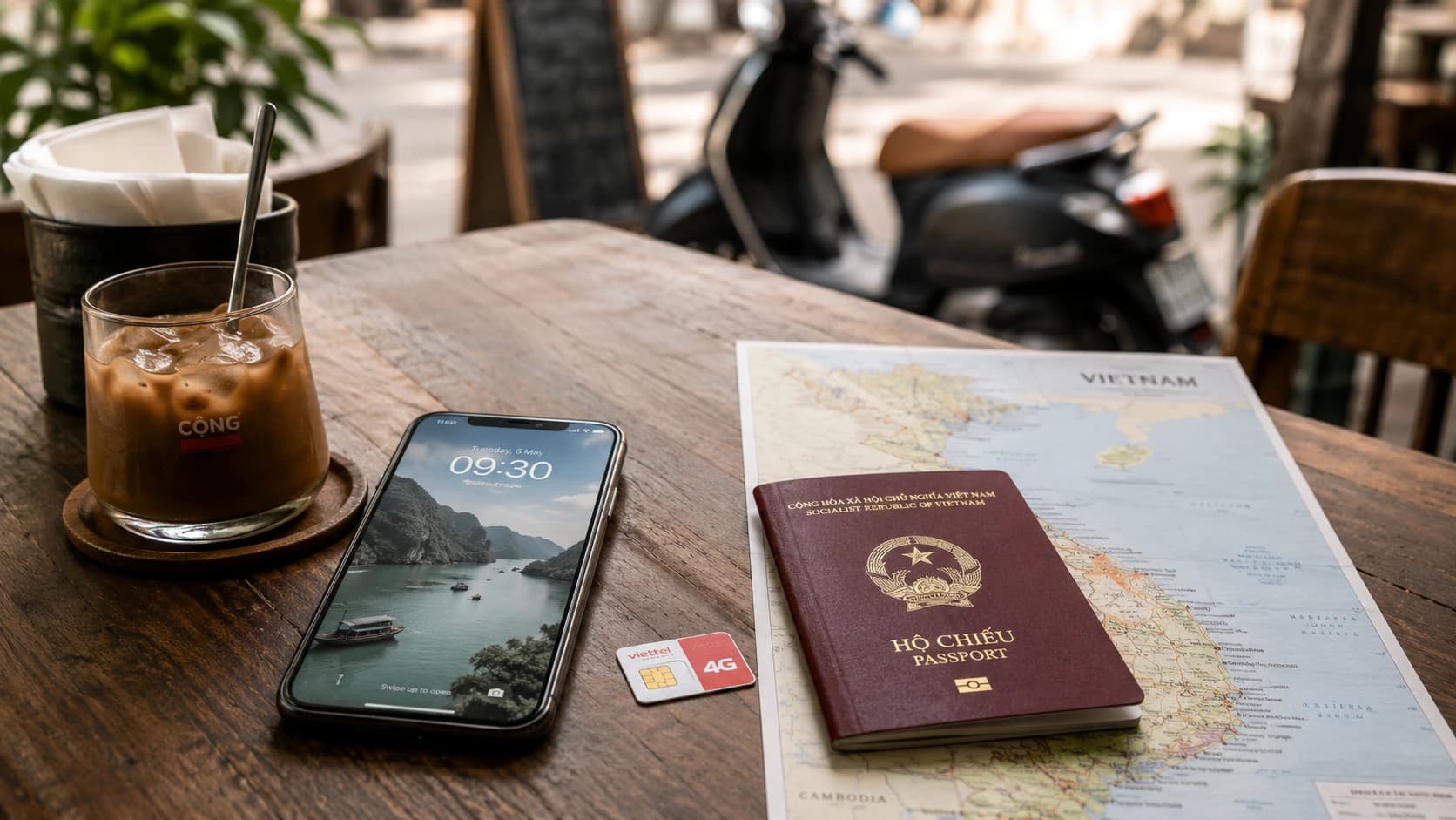 Téléphone, carte SIM et passeport pour préparer une connexion mobile au Vietnam.