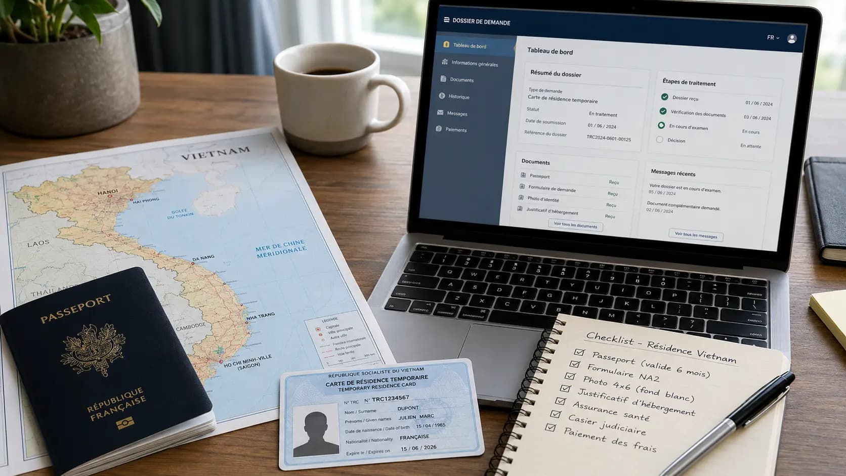 Passeport, carte du Vietnam et documents administratifs pour préparer une carte de résident temporaire au Vietnam.