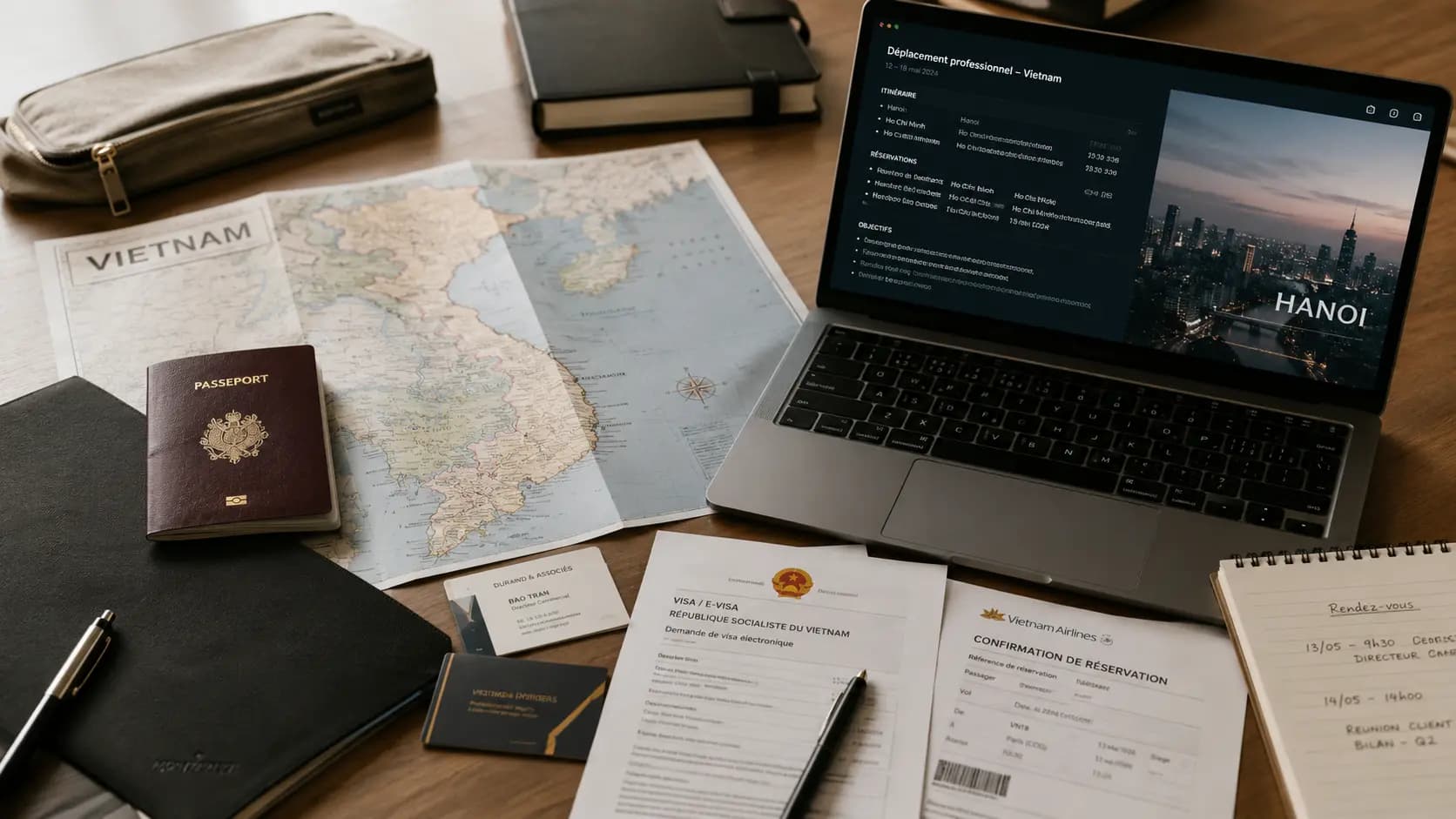 Préparation d’un visa business pour le Vietnam avec passeport, documents professionnels et carte du pays.