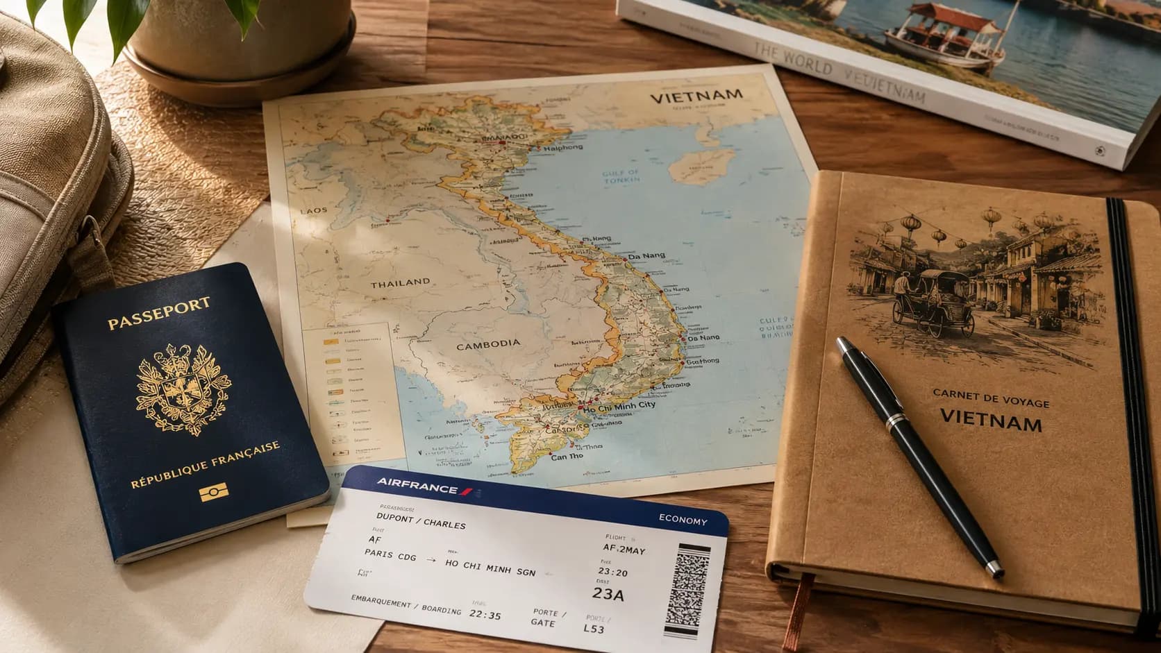 Passeport, carte du Vietnam et documents de voyage pour préparer un séjour touristique au Vietnam.