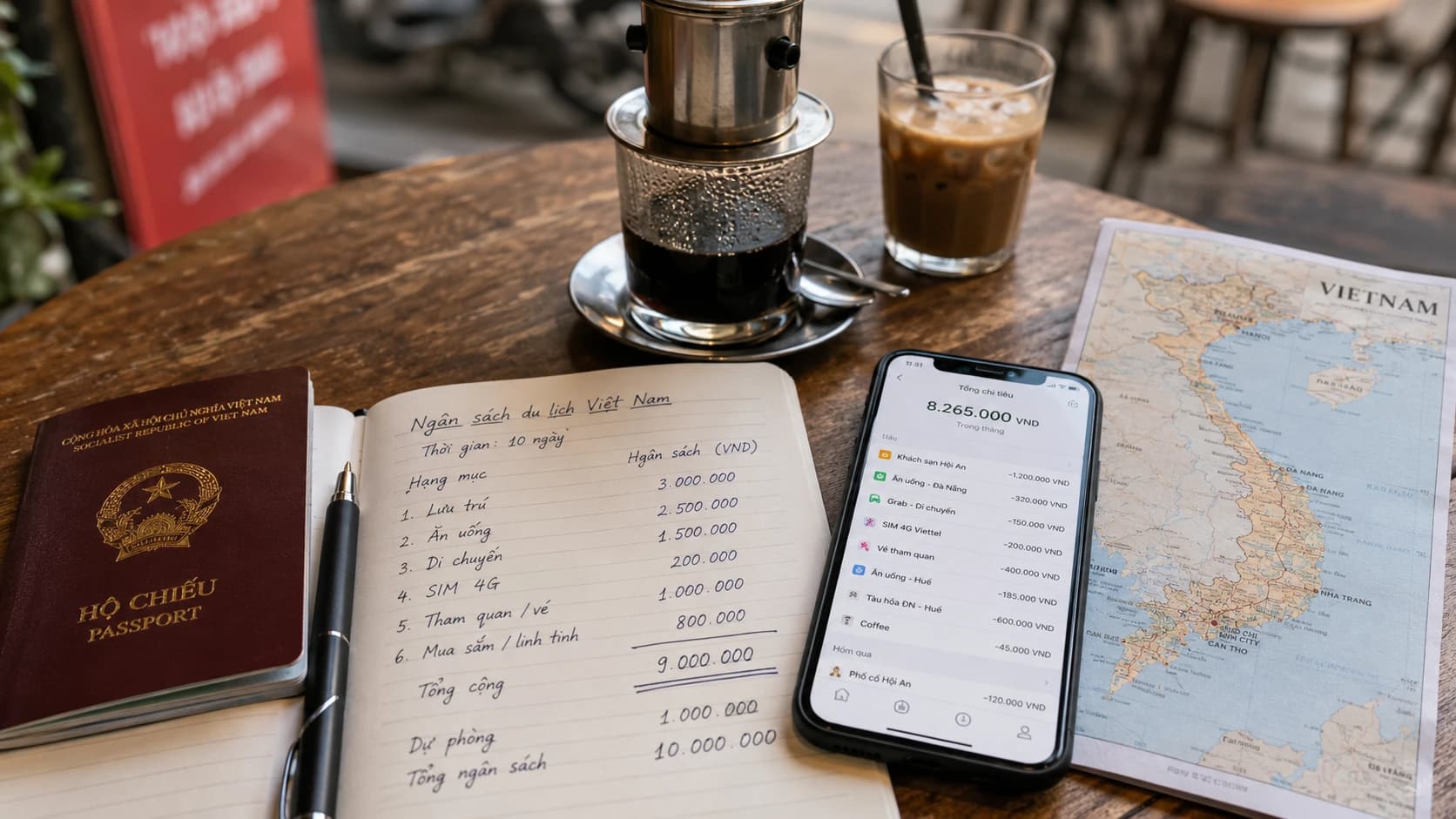 Budget mensuel pour vivre au Vietnam avec billets vietnamiens, passeport, checklist et carte du pays.