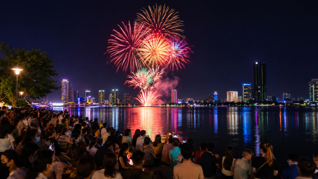 Festival de feux d’artifice à Đà Nẵng avec des spectateurs au bord de la rivière Hàn.