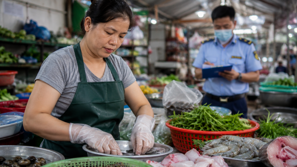 Marché alimentaire au Vietnam illustrant les enjeux de sécurité alimentaire pour les expatriés.