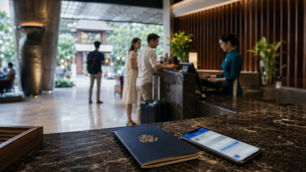 Passeport et réservation numérique sur le comptoir d’un hôtel au Vietnam.