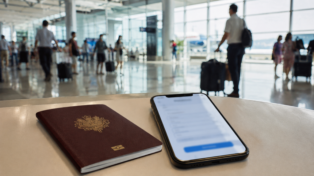 Passeport français et smartphone dans un aéroport vietnamien, symbole des règles d’entrée au Vietnam.