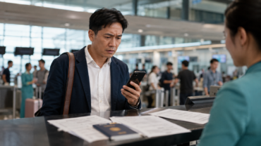 Voyageur d’affaires à l’aéroport au Vietnam confronté à un problème administratif avant son départ.