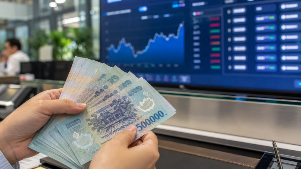 Billets vietnamiens et écran bancaire illustrant les taux de change au Vietnam.