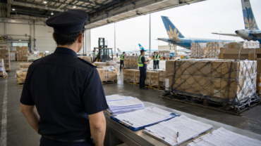 Colis internationaux et documents douaniers dans une zone de fret aéroportuaire au Vietnam.