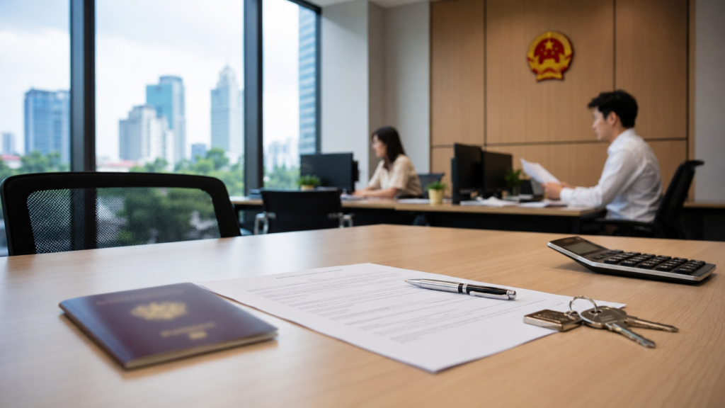 Contrat de location et documents fiscaux sur un bureau au Vietnam.