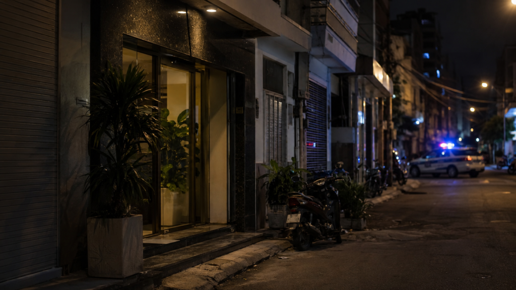 Contrôle de police symbolique devant un hôtel à Ho Chi Minh-Ville.