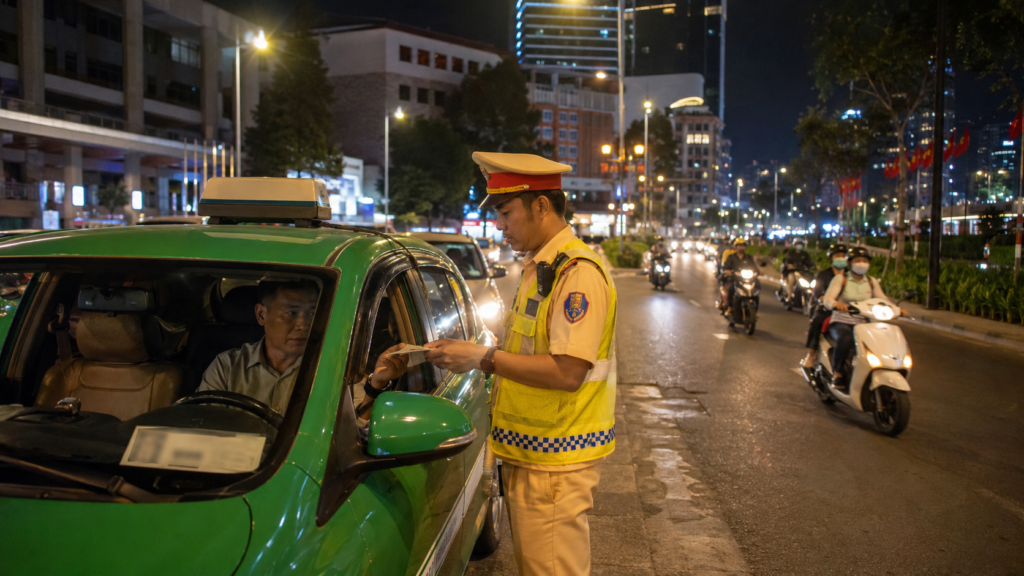 Contrôle routier d’un taxi à Ho Chi Minh-Ville.