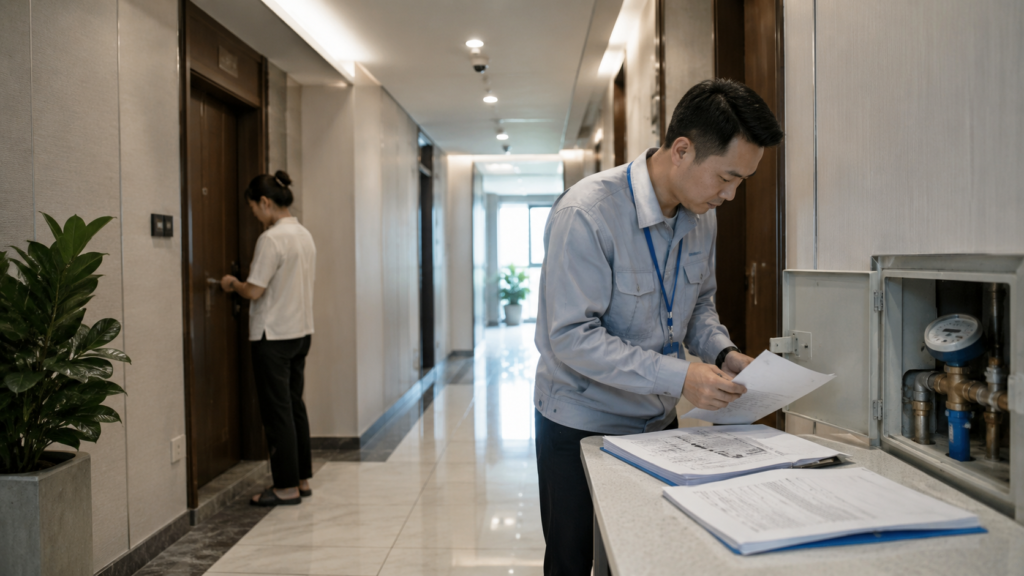 Documents de copropriété et compteur d’eau dans un immeuble résidentiel au Vietnam.