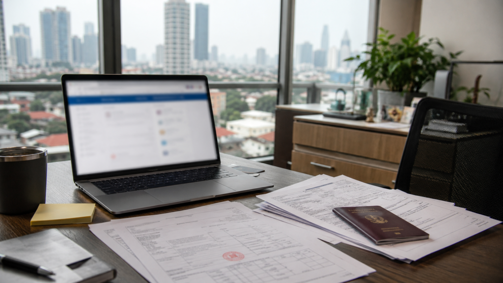 Documents fiscaux et compte bancaire au Vietnam sur un bureau.