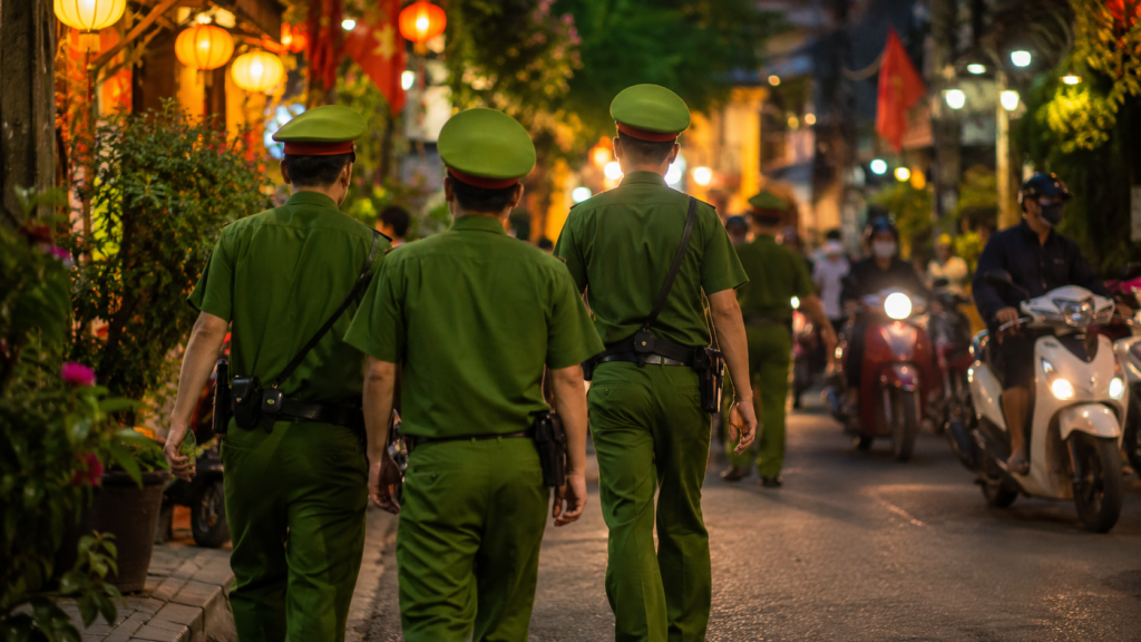 Patrouille de police dans une rue touristique vietnamienne fréquentée par des étrangers.