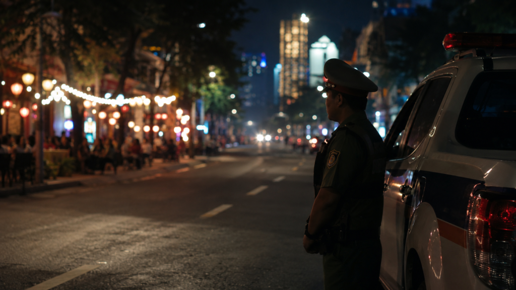 Présence policière de nuit dans une rue touristique de Đà Nẵng.
