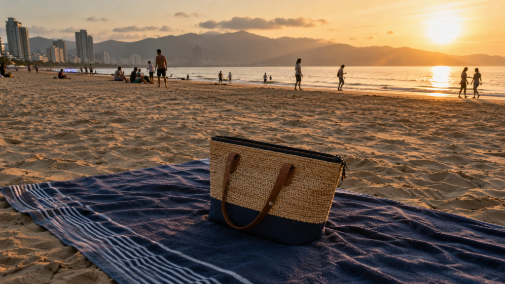 Sac de plage surveillé sur une plage touristique au Vietnam.