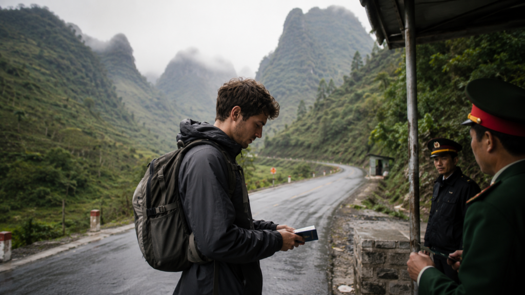 Voyageur étranger vérifiant son passeport dans une zone montagneuse du Nord Vietnam.