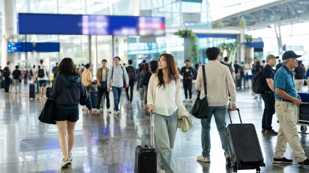 Voyageurs internationaux dans le terminal moderne de l’aéroport de Da Nang.